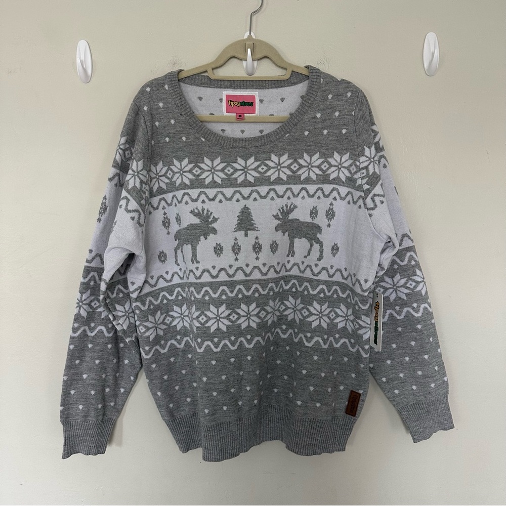 Tipsy‎ Elves Women’s Classic Moose Sweater Gray Fair Isle XL Holiday Christmas